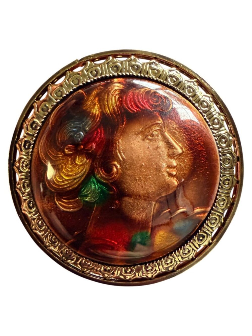 Vintage 1950s Reverse Carved Lucite Renaissance Lady Brooch New Old Stock